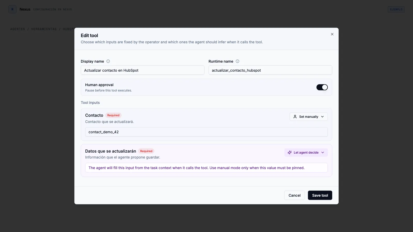 Configuración de una herramienta de HubSpot en Nexus con Human approval activado