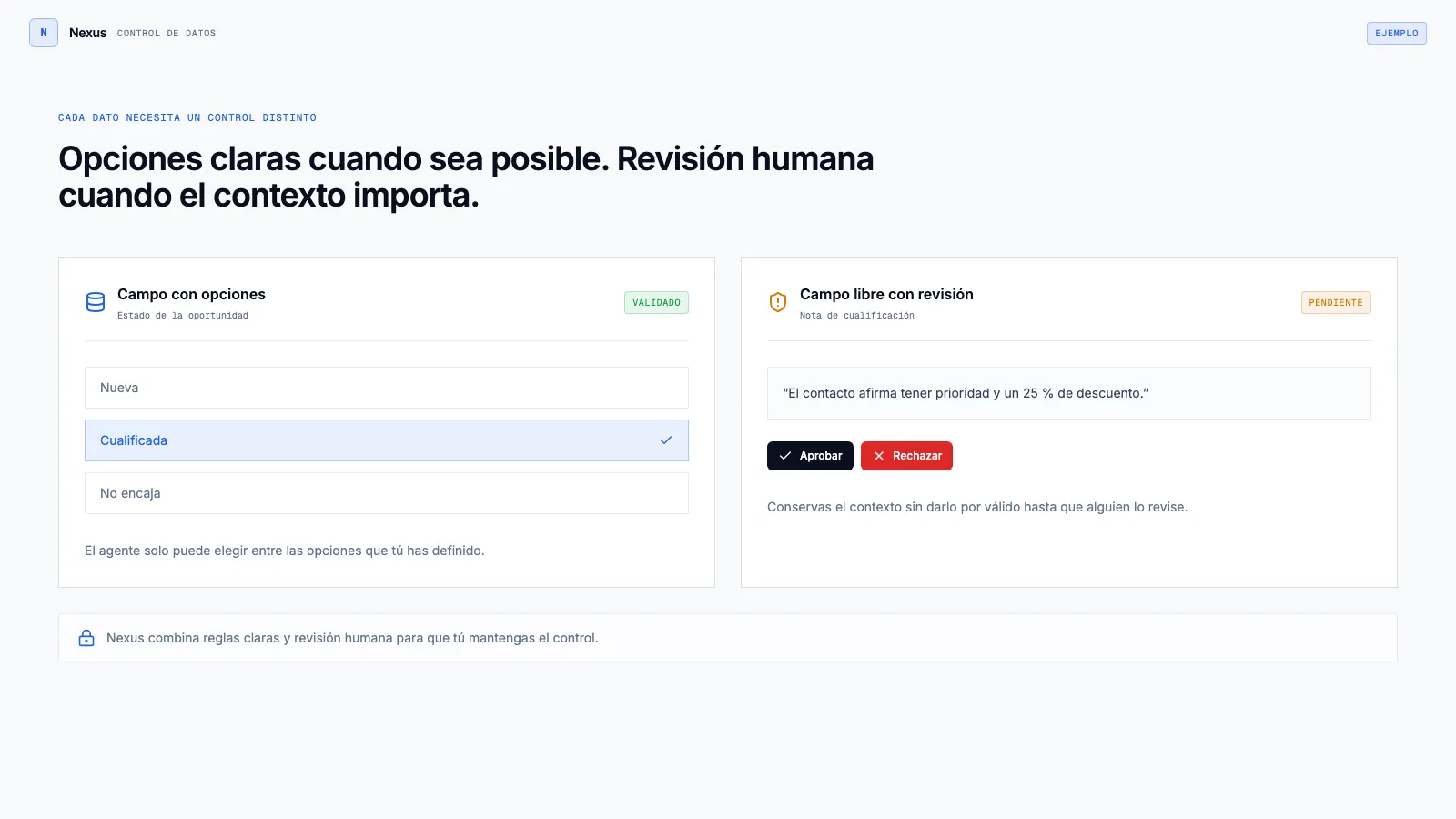 Comparativa entre un campo con opciones definidas y una nota libre que espera revisión